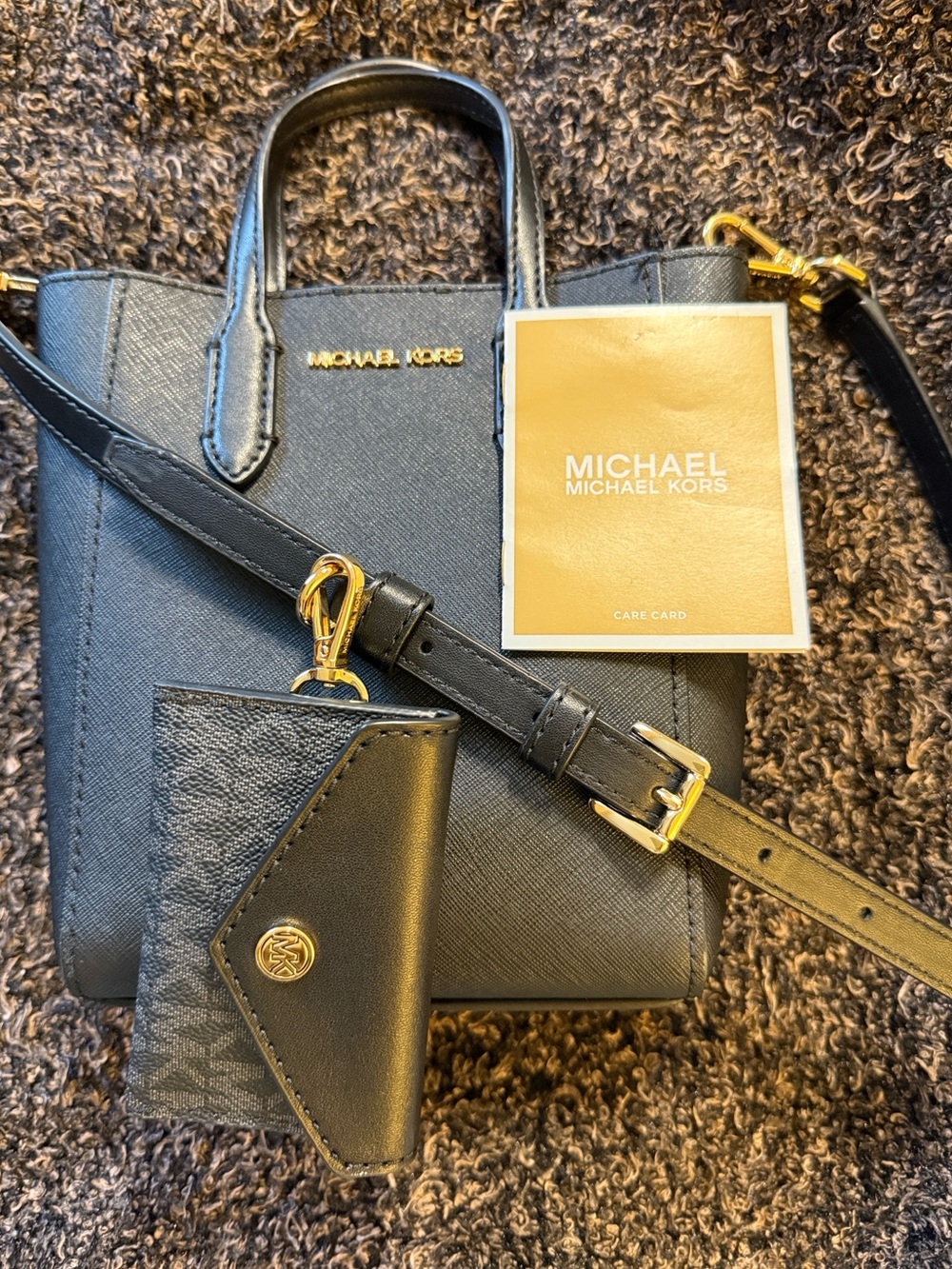 MICHAEL Michael Kors Black Saffiano Leather Mini Tote with Card Case and Strap